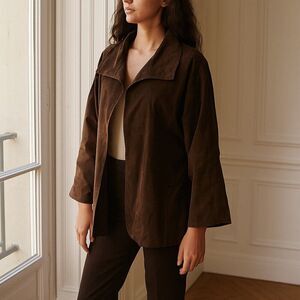 Zoran Brown Silk Crinkle Textured Oversized Evening Jacket Size Large